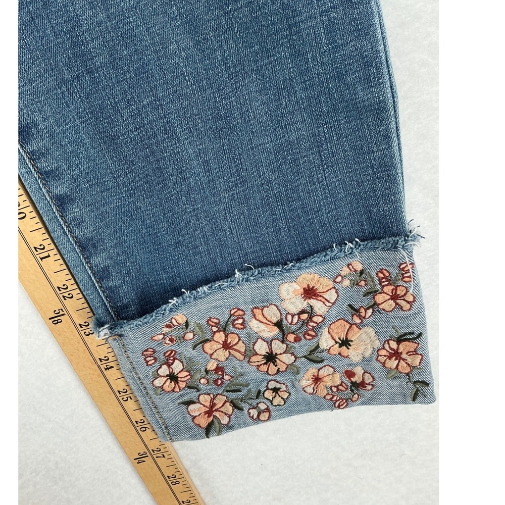 Chico's Girlfriend Ankle Jeans Women 1 Blue So Slimming Floral Embroidered Cuff - Picture 7 of 11